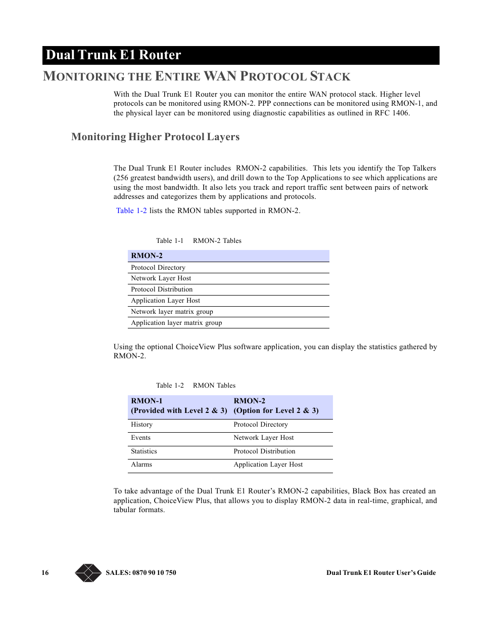 Monitoring the entire wan protocol stack, Monitoring higher protocol layers, Dual trunk e1 router m | Wan p, Onitoring, Ntire, Rotocol, Tack | Black Box LRU4240 User Manual | Page 28 / 218