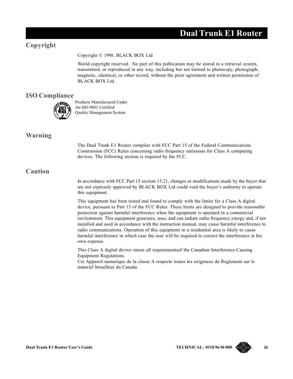 Dual trunk e1 router, Copyright, Iso compliance warning | Caution | Black Box LRU4240 User Manual | Page 3 / 218