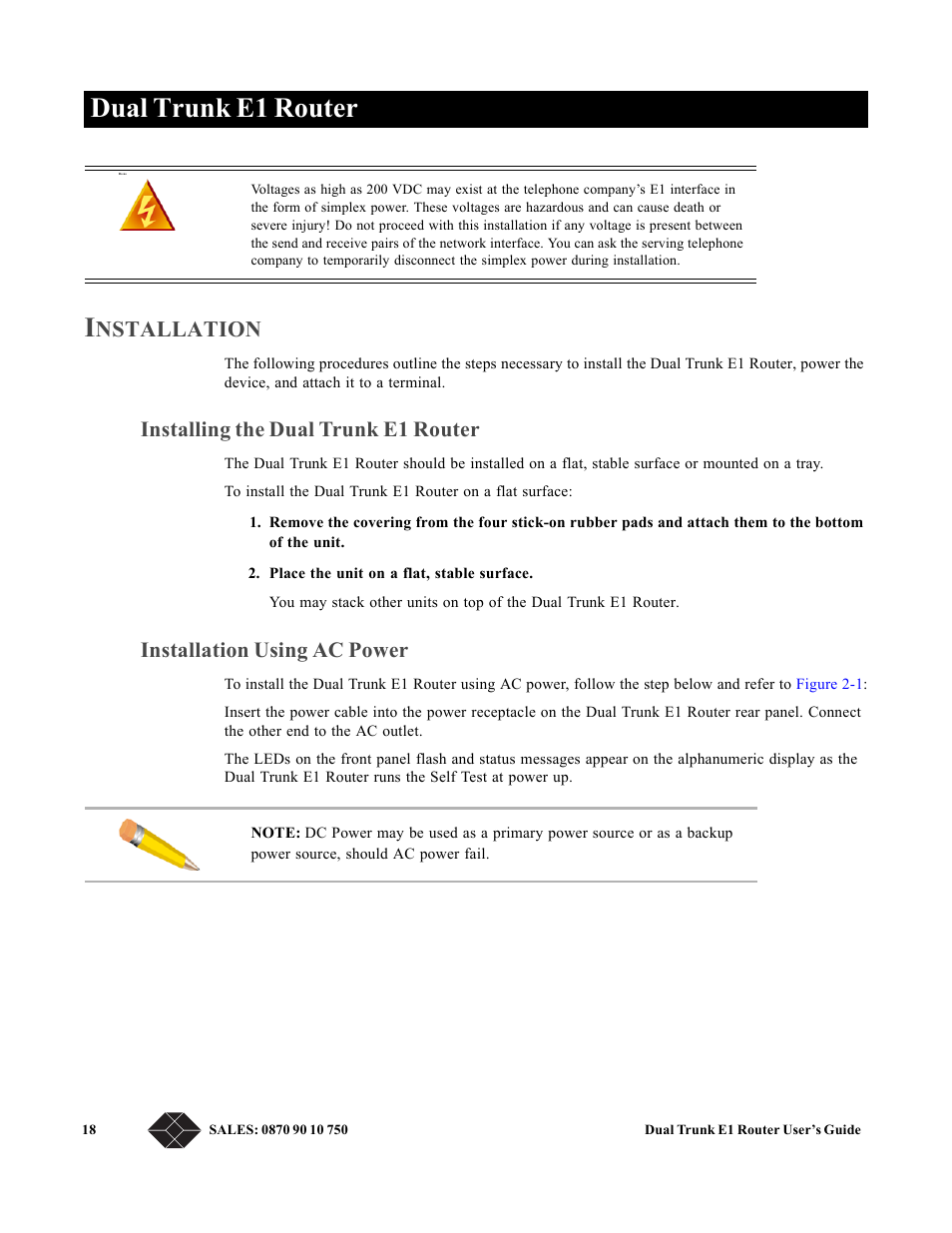 Installation, Installing the dual trunk e1 router, Installation using ac power | Dual trunk e1 router i, Nstallation | Black Box LRU4240 User Manual | Page 30 / 218