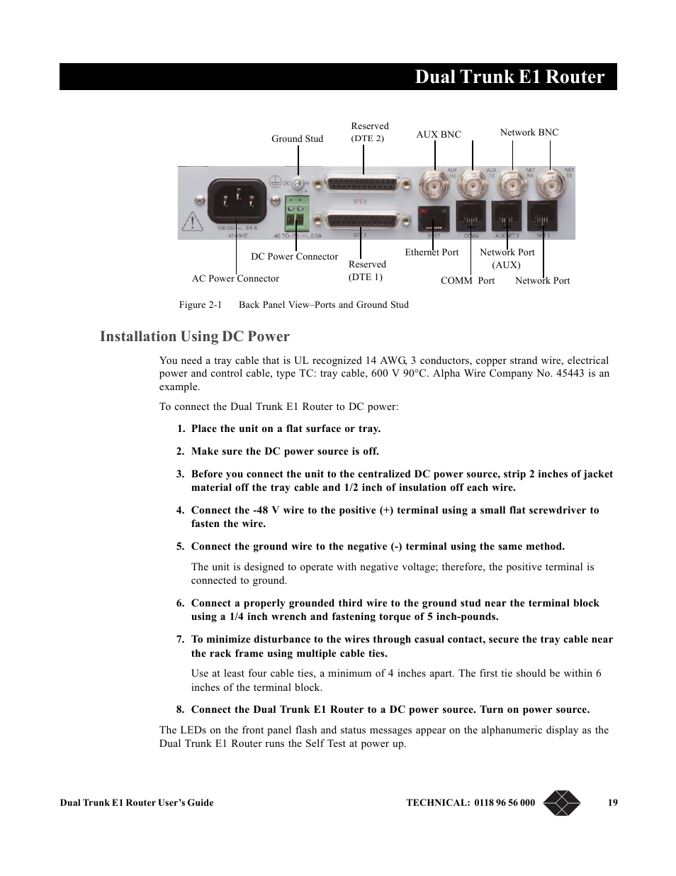 Installation using dc power, Dual trunk e1 router | Black Box LRU4240 User Manual | Page 31 / 218