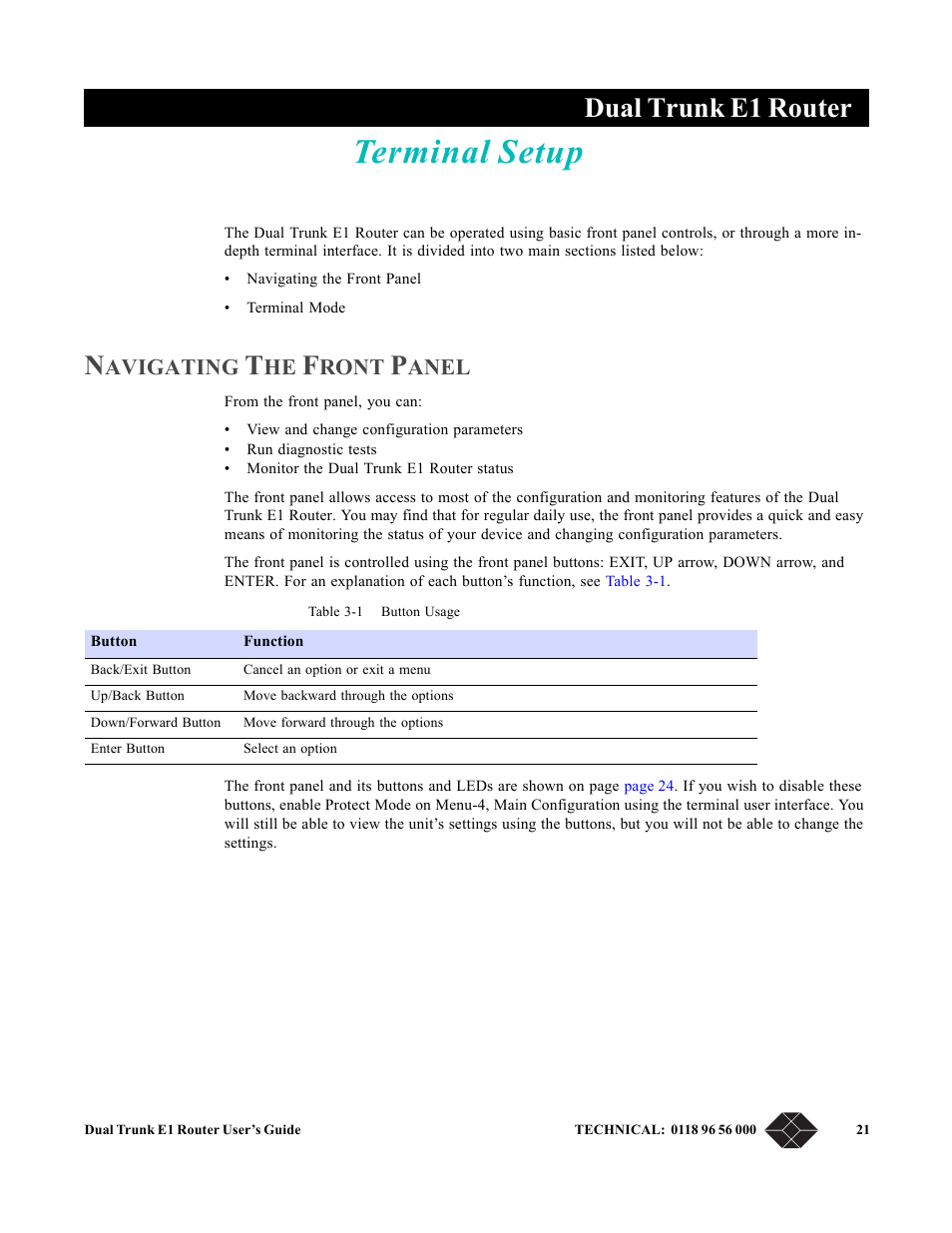 Terminal setup, Navigating the front panel, Chapter 3, terminal setup | Chapter 3, “ terminal setup, Provides instructions on co, Dual trunk e1 router, Avigating, Ront, Anel | Black Box LRU4240 User Manual | Page 33 / 218