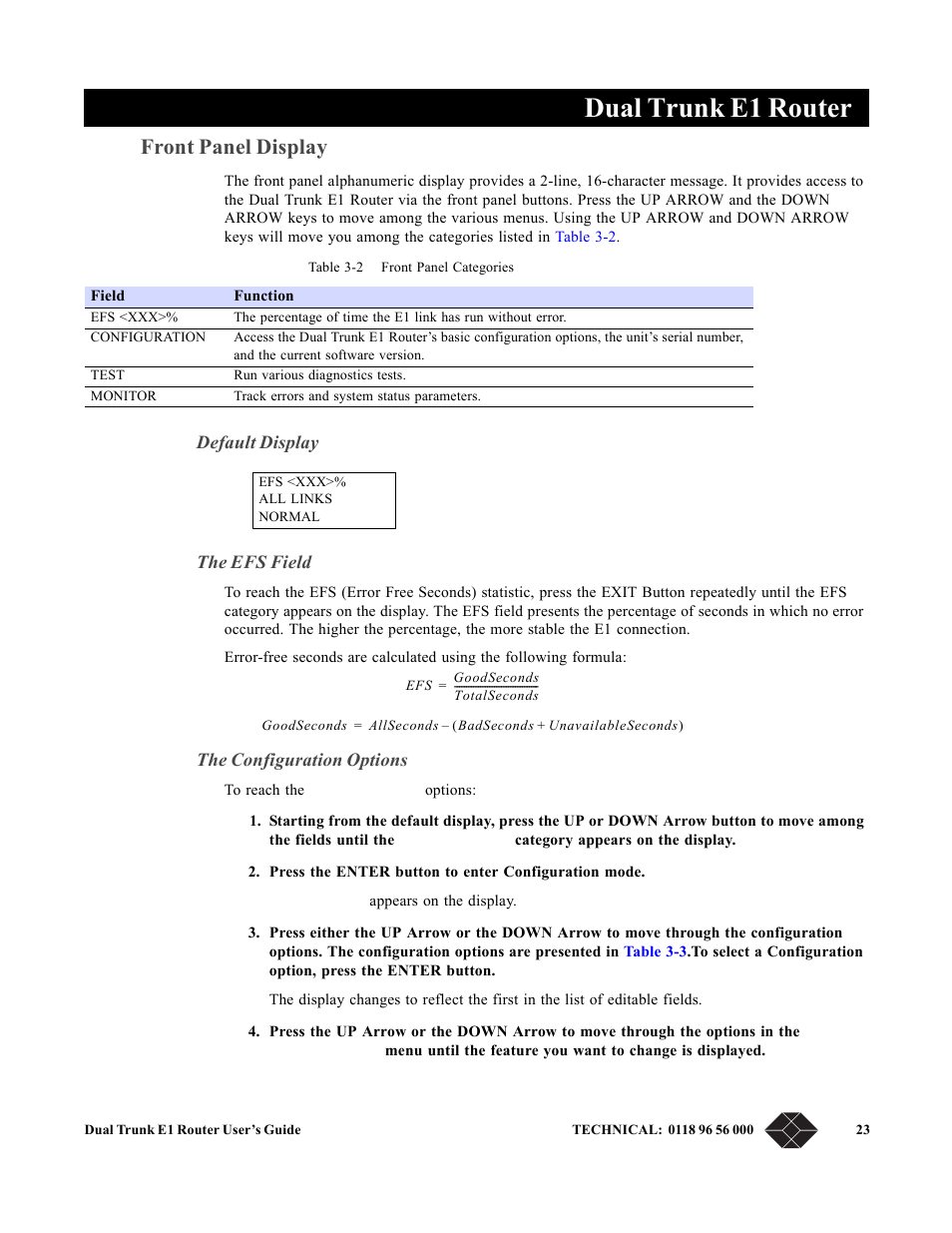 Front panel display, Default display, The efs field | The configuration options, Dual trunk e1 router | Black Box LRU4240 User Manual | Page 35 / 218