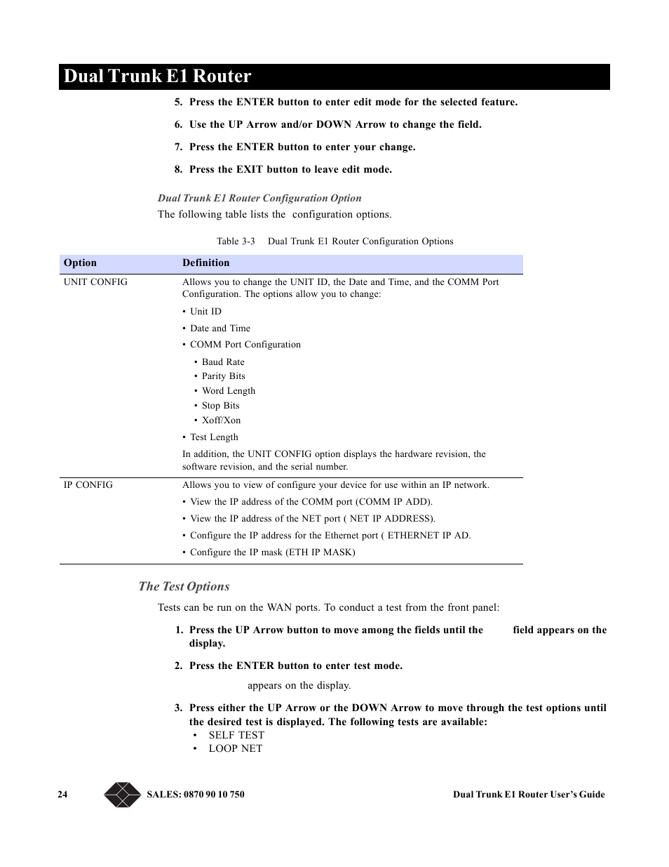 The test options, Dual trunk e1 router | Black Box LRU4240 User Manual | Page 36 / 218