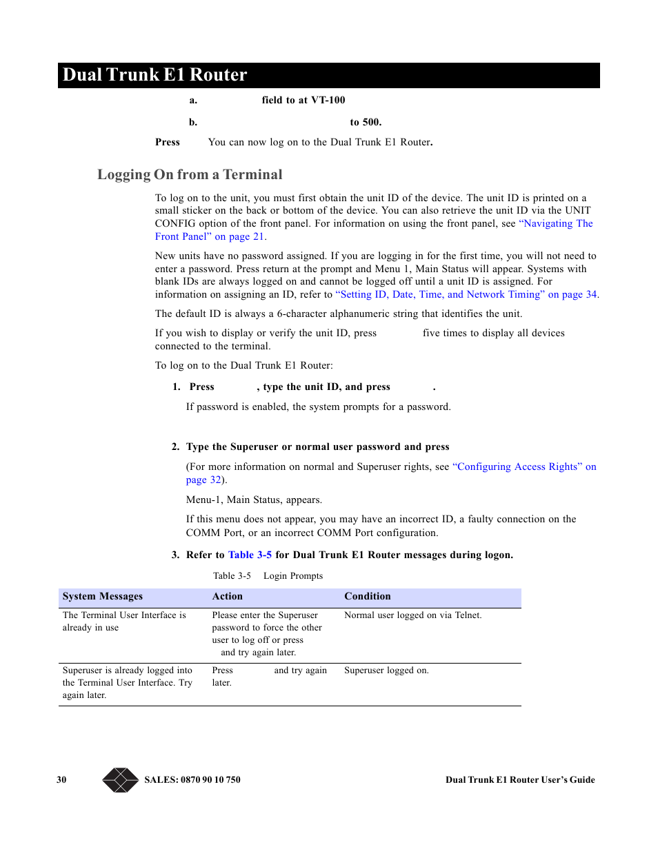 Logging on from a terminal, Dual trunk e1 router | Black Box LRU4240 User Manual | Page 42 / 218