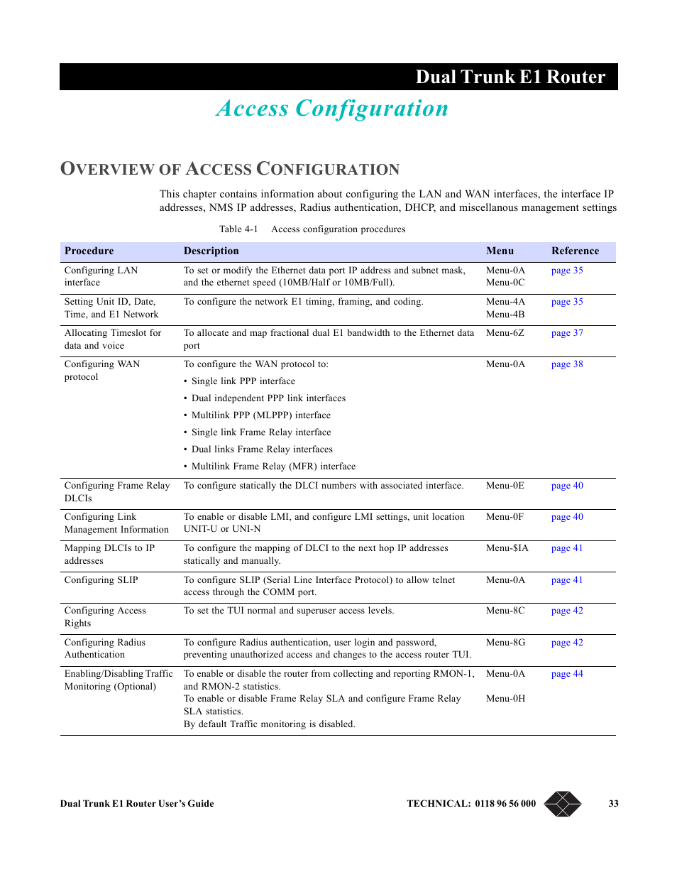 Access configuration, Overview of access configuration, Chapter 4, access configuration | Chapter 4, “ access configuration, Dual trunk e1 router, Verview, Ccess, Onfiguration | Black Box LRU4240 User Manual | Page 45 / 218