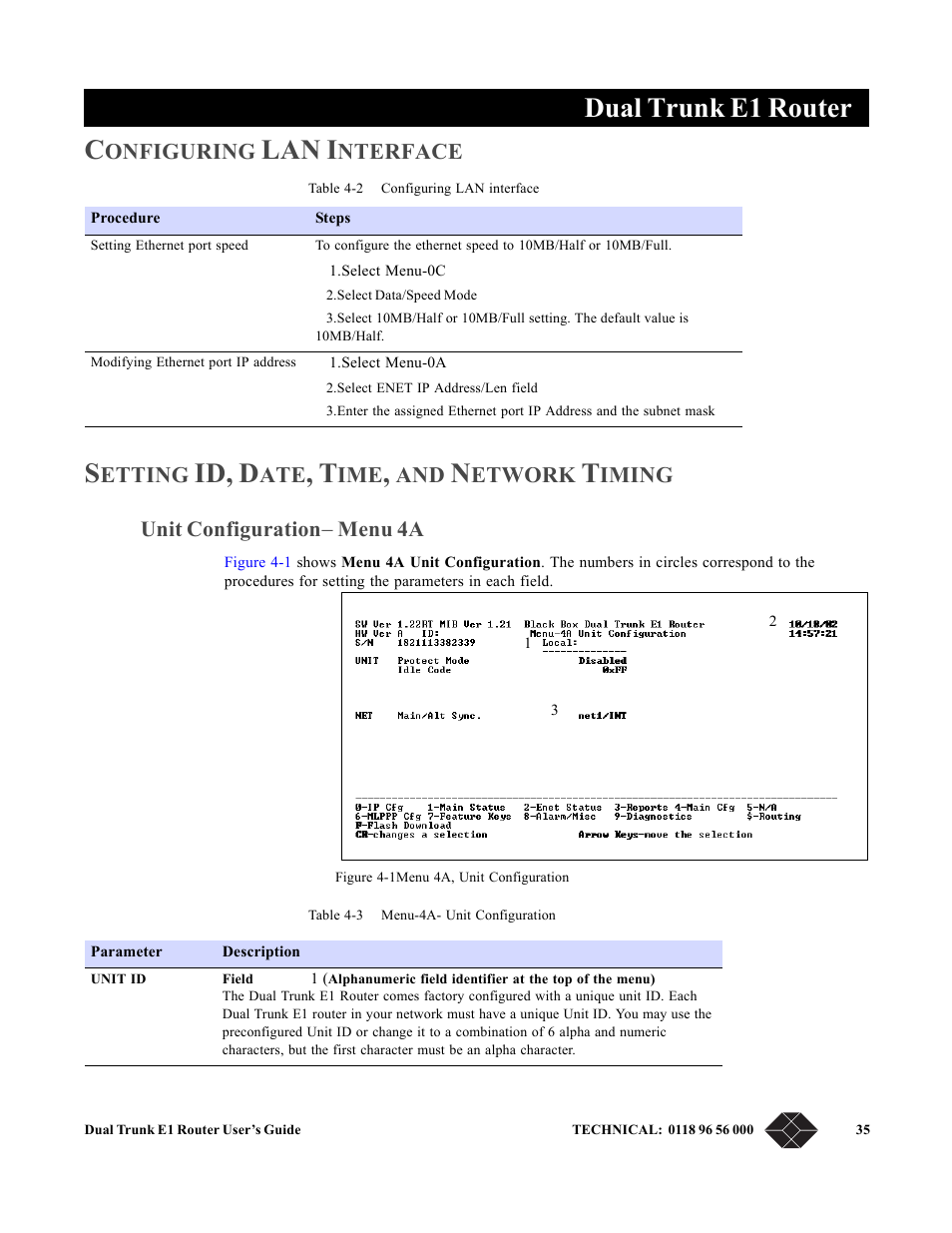Configuring lan interface, Setting id, date, time, and network timing, Unit configuration- menu 4a | Unit configuration, Dual trunk e1 router, Lan i, Id, d, Onfiguring, Nterface, Etting | Black Box LRU4240 User Manual | Page 47 / 218