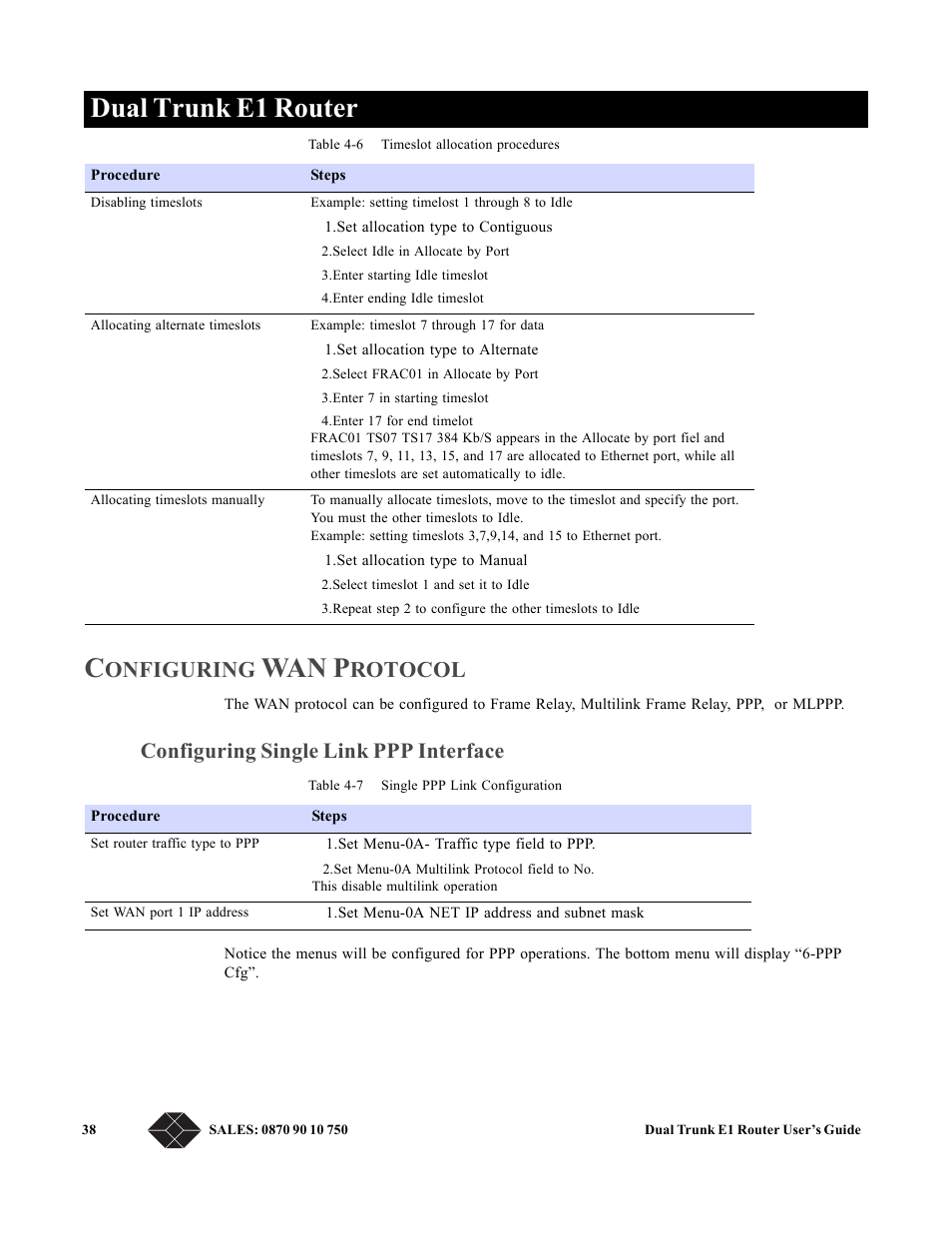 Configuring wan protocol, Configuring single link ppp interface, Dual trunk e1 router c | Wan p, Onfiguring, Rotocol | Black Box LRU4240 User Manual | Page 50 / 218