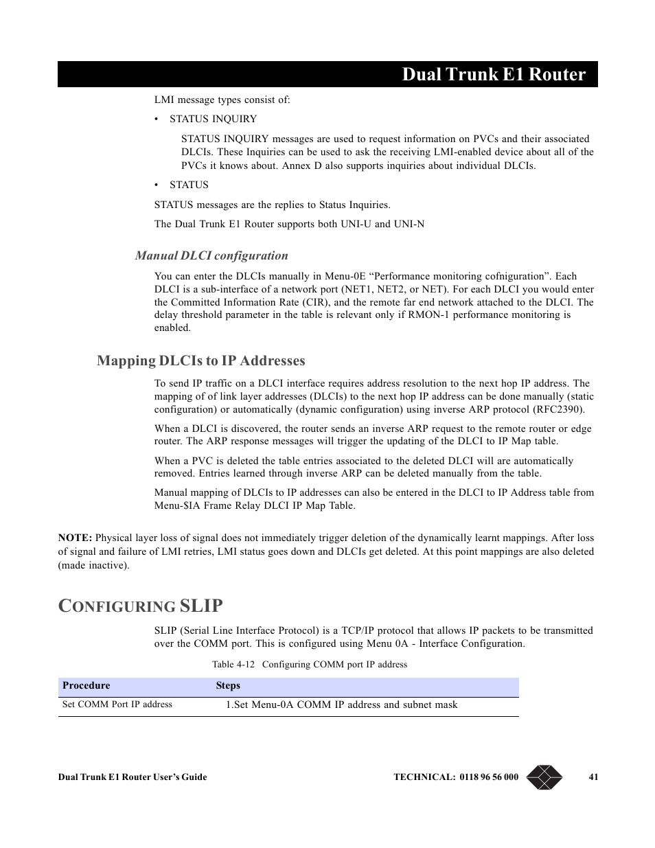 Mapping dlcis to ip addresses, Configuring slip, Manual dlci configuration | Dual trunk e1 router, Slip, Onfiguring | Black Box LRU4240 User Manual | Page 53 / 218