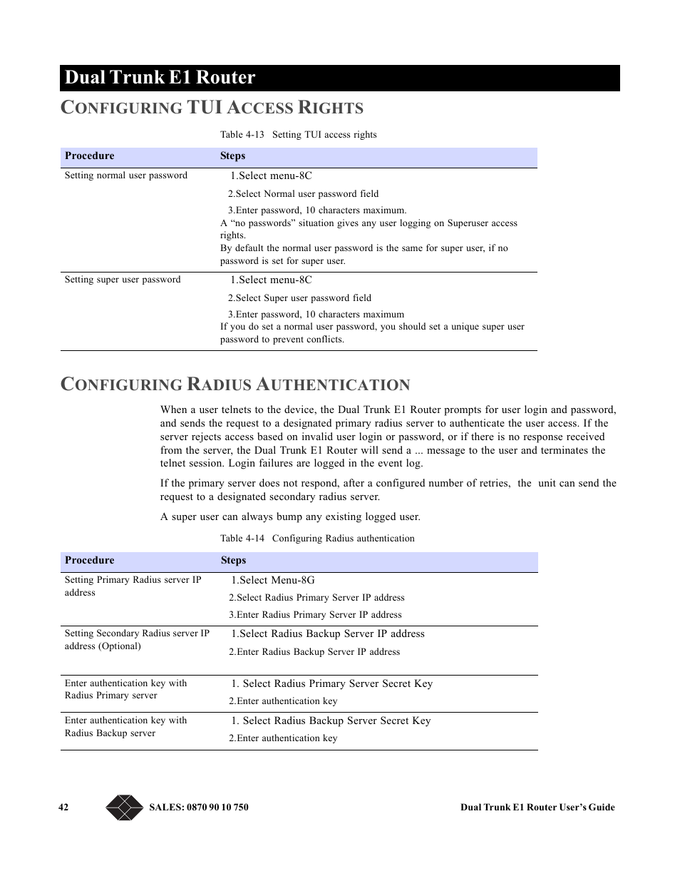 Configuring tui access rights, Configuring radius authentication, Dual trunk e1 router c | Tui a, Onfiguring, Ccess, Ights, Adius, Uthentication | Black Box LRU4240 User Manual | Page 54 / 218