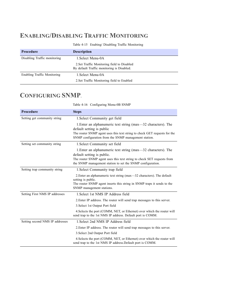 Enabling/disabling traffic monitoring, Configuring snmp, Snmp | Nabling, Isabling, Raffic, Onitoring, Onfiguring | Black Box LRU4240 User Manual | Page 56 / 218