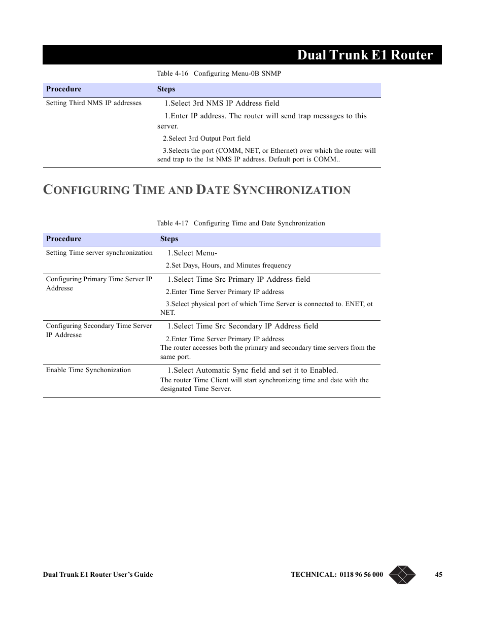 Configuring time and date synchronization, Dual trunk e1 router, Onfiguring | Ynchronization | Black Box LRU4240 User Manual | Page 57 / 218