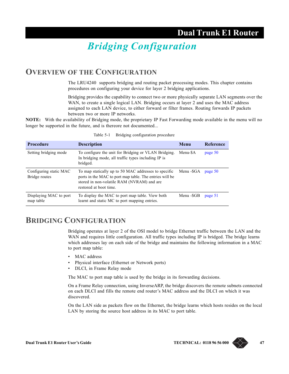 Bridging configuration, Overview of the configuration, Chapter 5, bridging configuration | Chapter 5, “ bridging configuration, Contains confi, Dual trunk e1 router, Verview, Onfiguration, Ridging | Black Box LRU4240 User Manual | Page 59 / 218