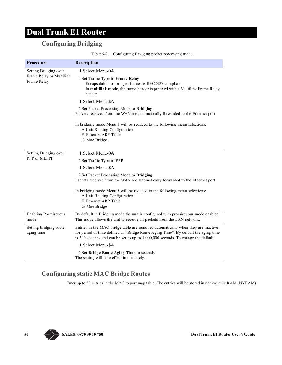 Configuring bridging, Configuring static mac bridge routes, Dual trunk e1 router | Black Box LRU4240 User Manual | Page 62 / 218