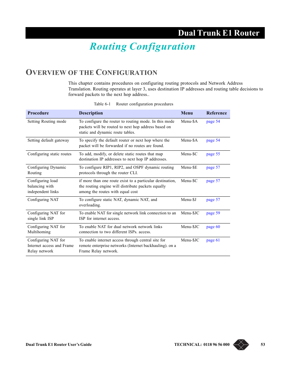 Routing configuration, Overview of the configuration, Chapter 6, routing configuration | Chapter 6, “ routing configuration, Contains config, Dual trunk e1 router, Verview, Onfiguration | Black Box LRU4240 User Manual | Page 65 / 218