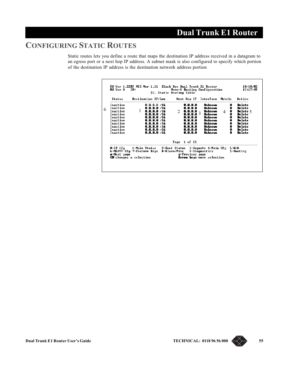 Configuring static routes, Dual trunk e1 router | Black Box LRU4240 User Manual | Page 67 / 218