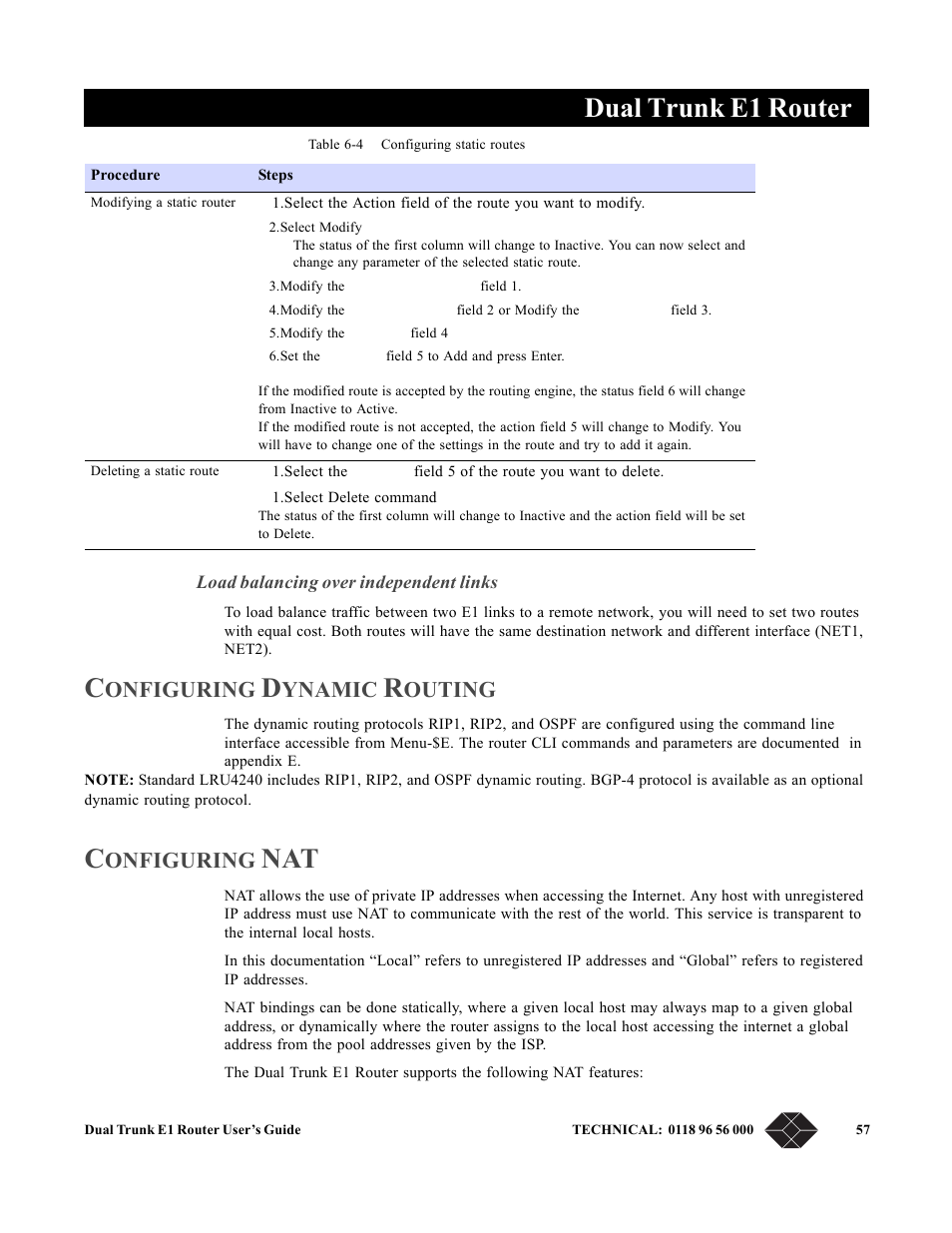 Configuring dynamic routing, Configuring nat, Load balancing over independent links | Dual trunk e1 router, Onfiguring, Ynamic, Outing | Black Box LRU4240 User Manual | Page 69 / 218