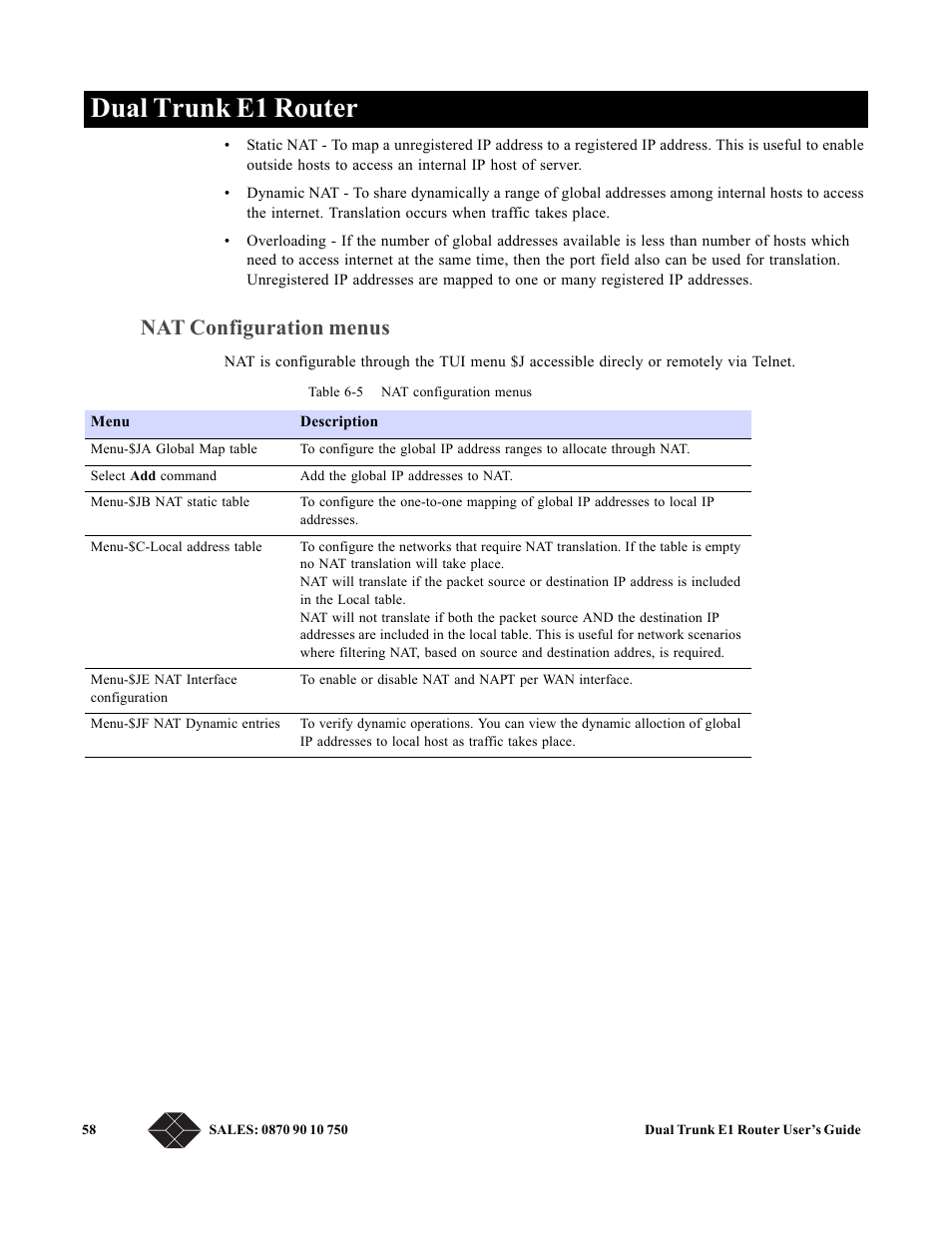 Nat configuration menus, Dual trunk e1 router | Black Box LRU4240 User Manual | Page 70 / 218