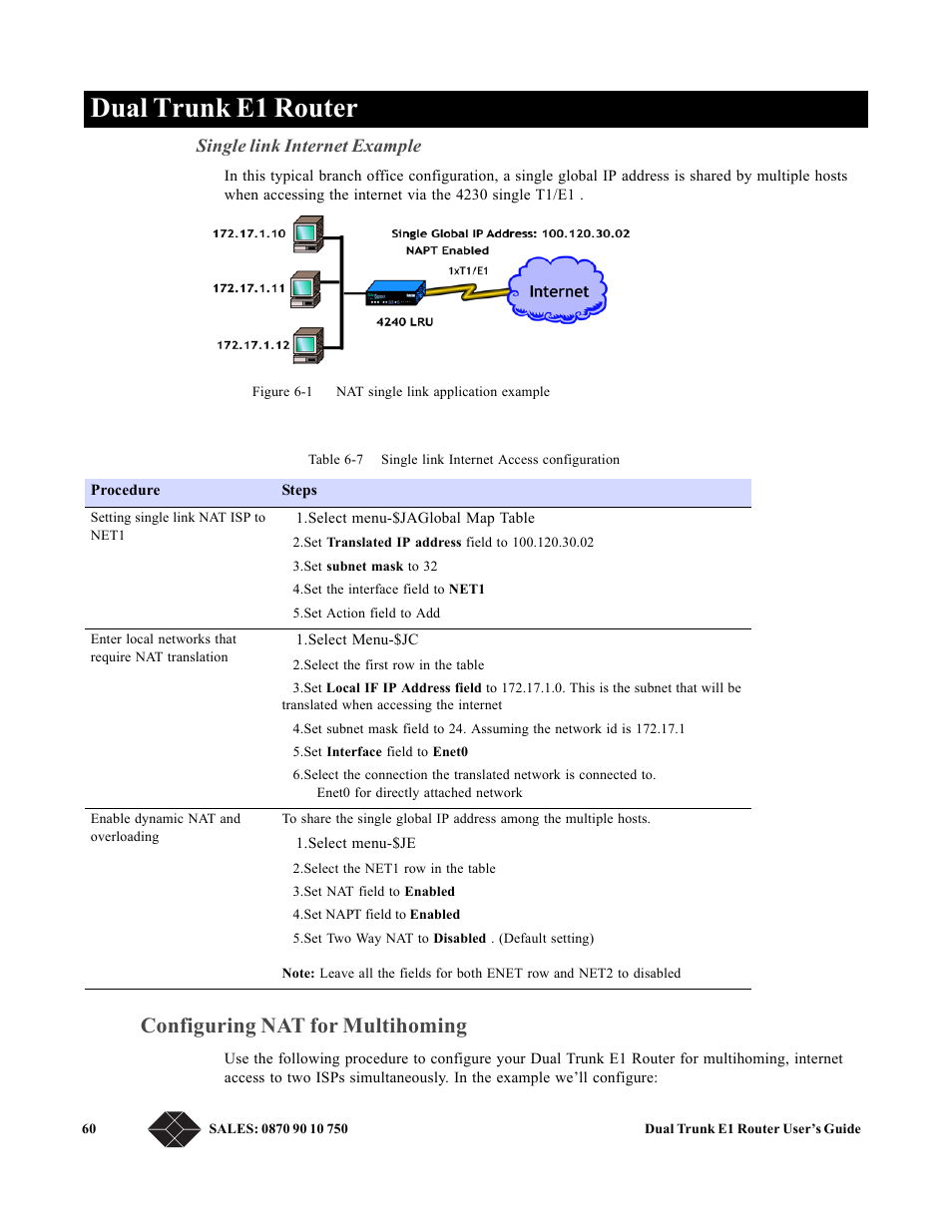 Configuring nat for multihoming, Single link internet example, Dual trunk e1 router | Black Box LRU4240 User Manual | Page 72 / 218