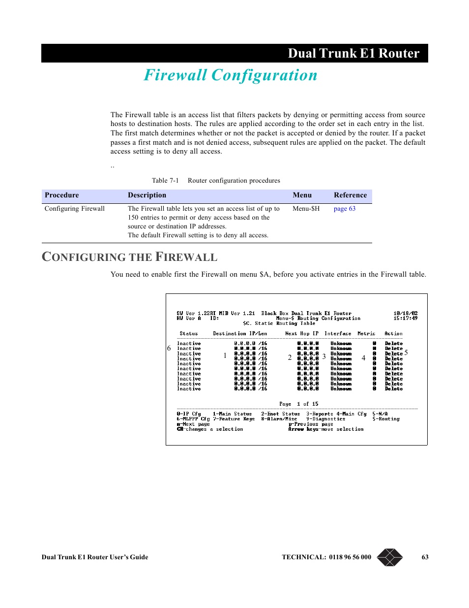 Firewall configuration, Configuring the firewall, Chapter 7, firewall configuration | Chapter 7, “ firewall configuration, Dual trunk e1 router, Onfiguring, Irewall | Black Box LRU4240 User Manual | Page 75 / 218
