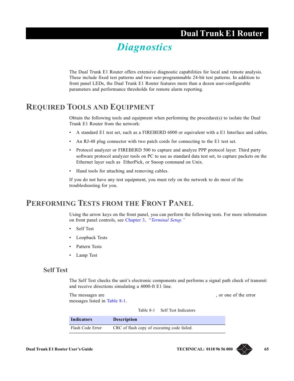 Diagnostics, Required tools and equipment, Performing tests from the front panel | Self test, Chapter 8, diagnostics, Chapter 8, “ diagnostics, Dual trunk e1 router | Black Box LRU4240 User Manual | Page 77 / 218