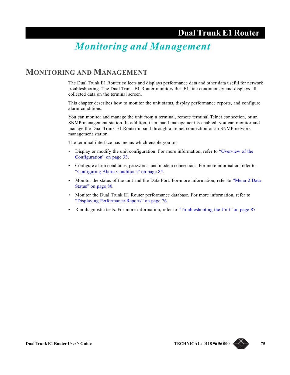 Monitoring and management, Chapter 9, monitoring and management, Chapter 9, “ monitoring and management | Describes how to monitor and m, Dual trunk e1 router, Onitoring, Anagement | Black Box LRU4240 User Manual | Page 87 / 218