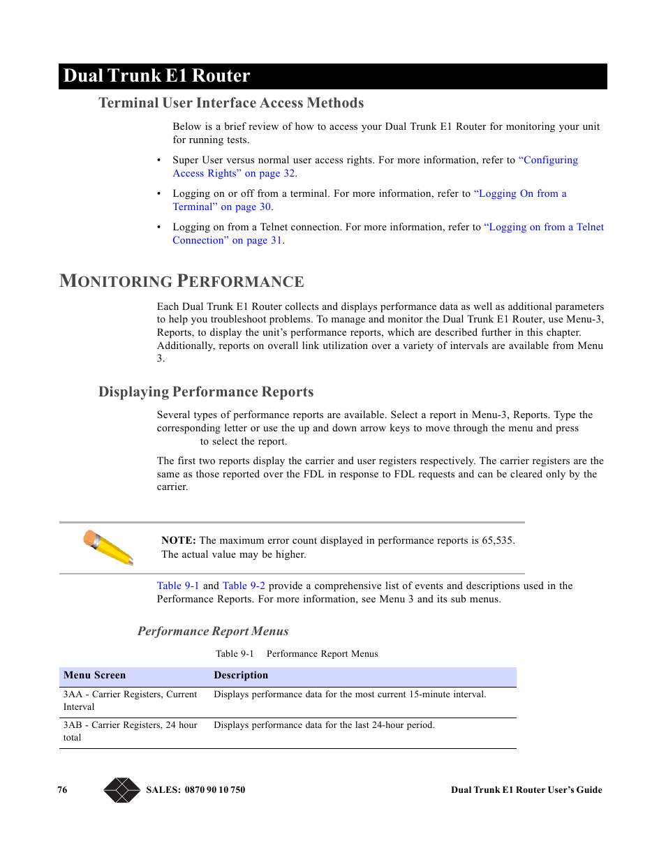 Terminal user interface access methods, Monitoring performance, Displaying performance reports | Performance report menus, Dual trunk e1 router, Onitoring, Erformance | Black Box LRU4240 User Manual | Page 88 / 218