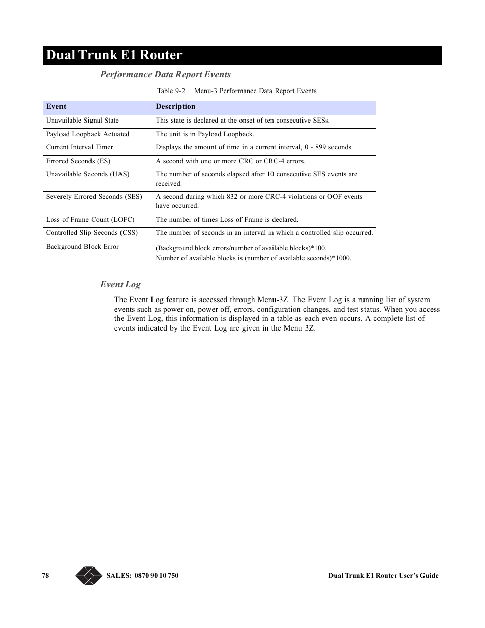 Performance data report events, Event log, Table 9-2 | Dual trunk e1 router | Black Box LRU4240 User Manual | Page 90 / 218