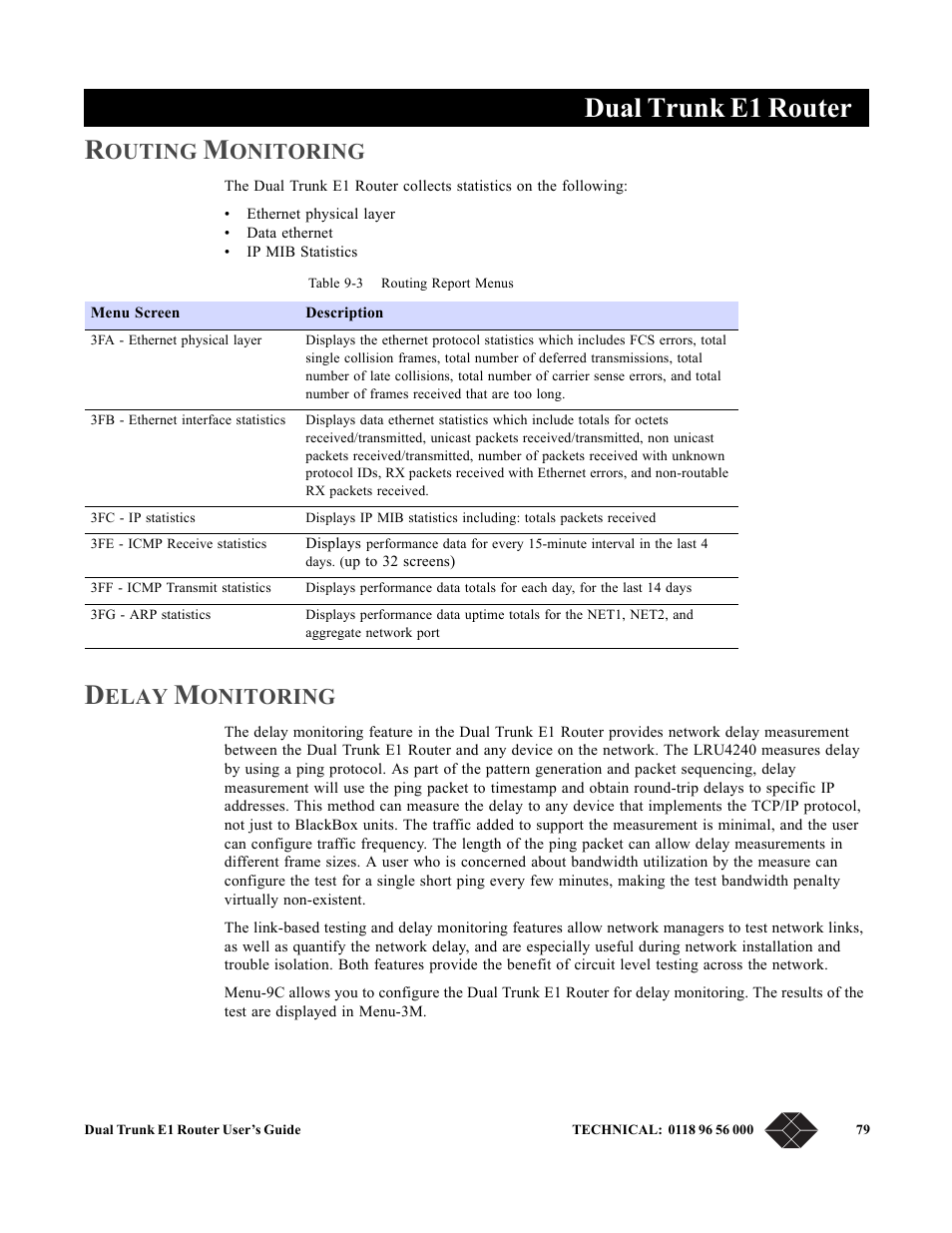 Routing monitoring, Delay monitoring, Dual trunk e1 router | Outing, Onitoring, Elay | Black Box LRU4240 User Manual | Page 91 / 218