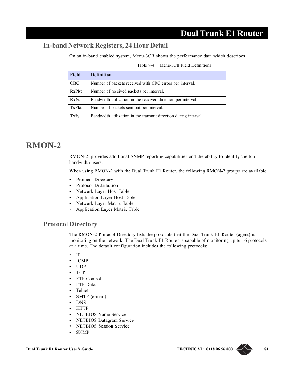In-band network registers, 24 hour detail, Rmon-2, Protocol directory | Dual trunk e1 router | Black Box LRU4240 User Manual | Page 93 / 218