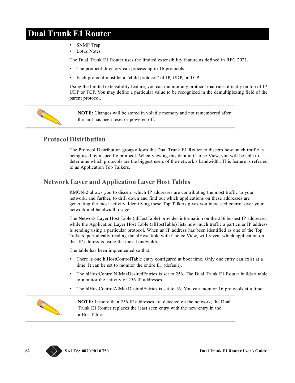 Protocol distribution, Network layer and application layer host tables, Dual trunk e1 router | Black Box LRU4240 User Manual | Page 94 / 218
