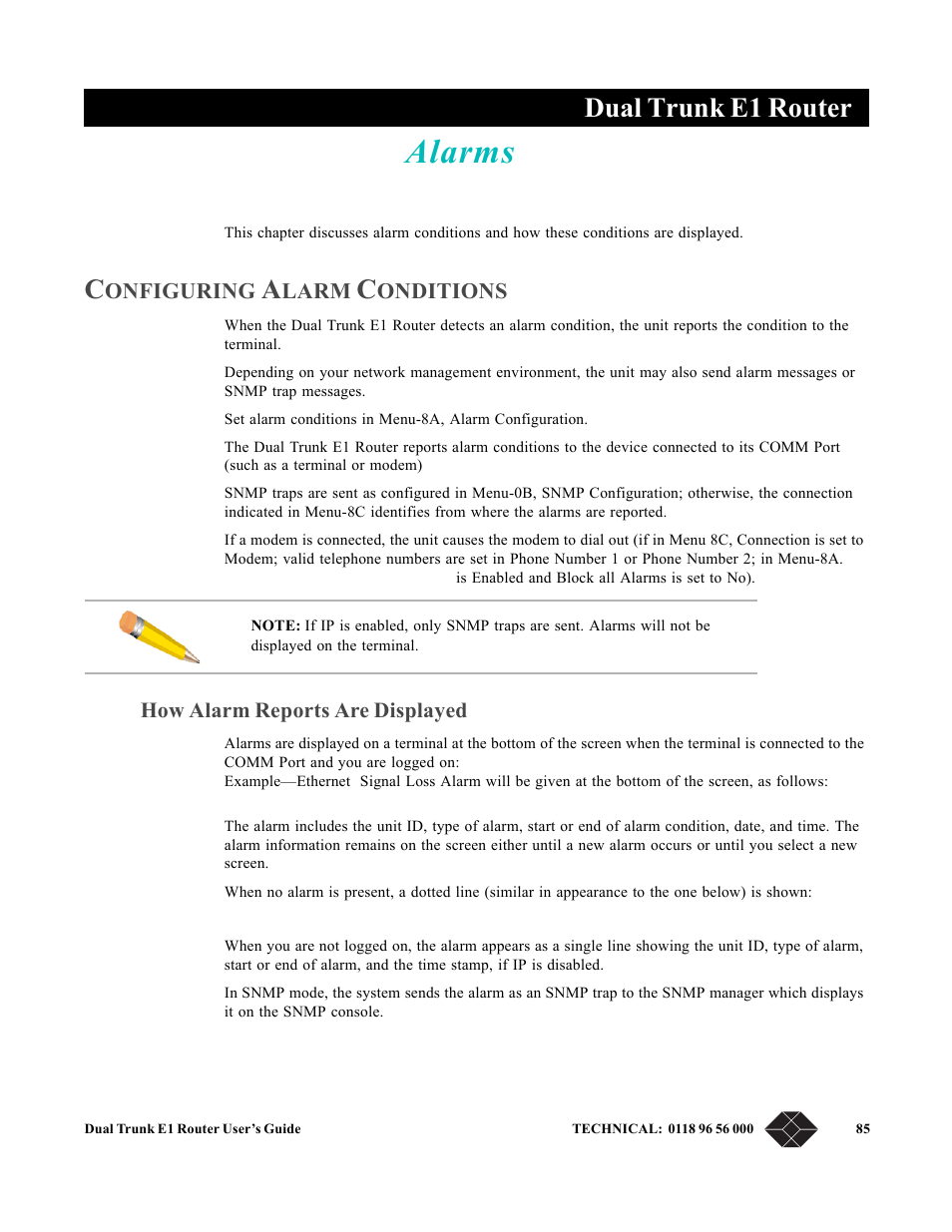 Alarms, Configuring alarm conditions, How alarm reports are displayed | Chapter 10, alarms, Chapter 10, “ alarms, Dual trunk e1 router | Black Box LRU4240 User Manual | Page 97 / 218