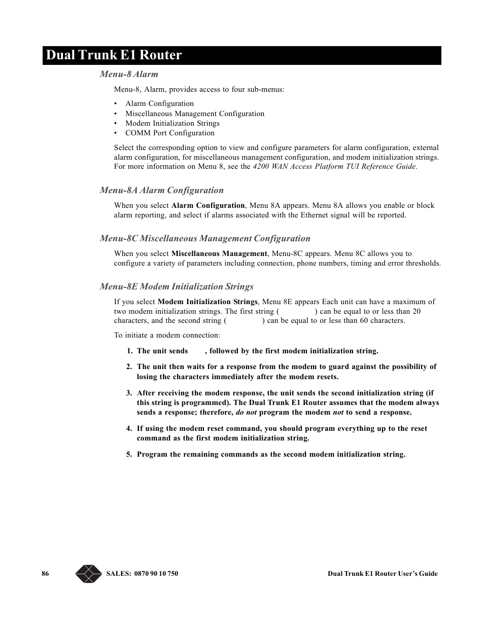 Menu-8 alarm, Menu-8a alarm configuration, Menu-8c miscellaneous management configuration | Menu-8e modem initialization strings, Dual trunk e1 router | Black Box LRU4240 User Manual | Page 98 / 218
