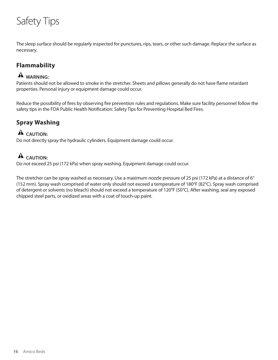 Safety tips | Amico Hydraulic Patient Transfer Stretcher (S-H-300) User Manual | Page 16 / 20