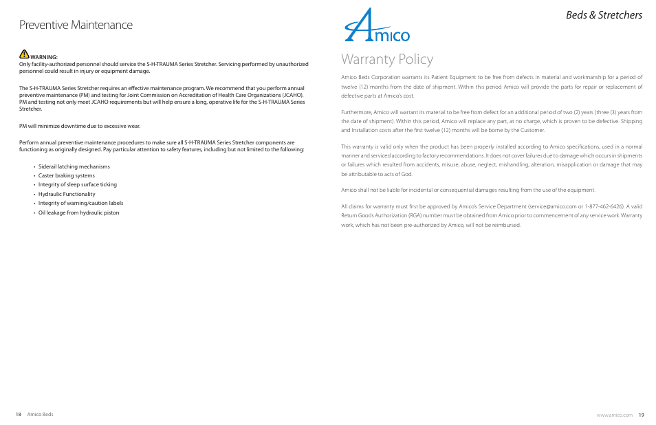 Warranty policy, Preventive maintenance, Beds & stretchers | Amico Hydraulic Patient Transfer Stretcher (S-H-300) User Manual | Page 10 / 11