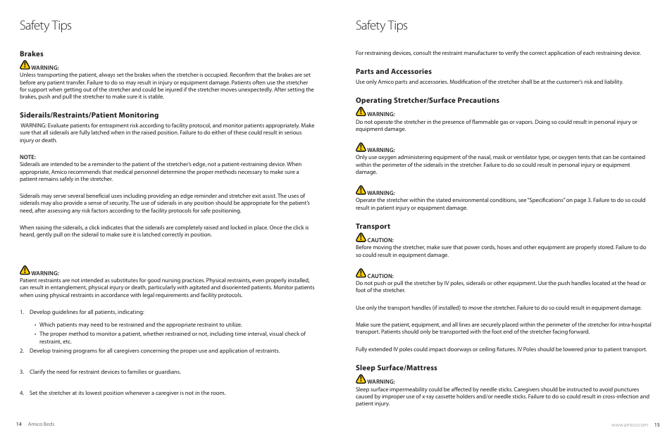 Safety tips | Amico Hydraulic Patient Transfer Stretcher (S-H-300) User Manual | Page 8 / 11