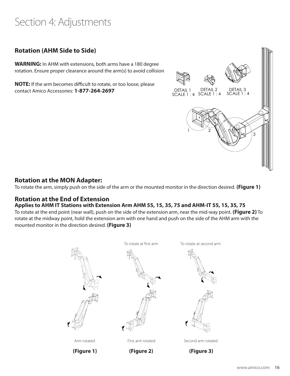 Rotation (ahm side to side), Rotation at the mon adapter, Rotation at the end of extension | Amico AHM Monitor Arms (Adjustable Height) User Manual | Page 19 / 34