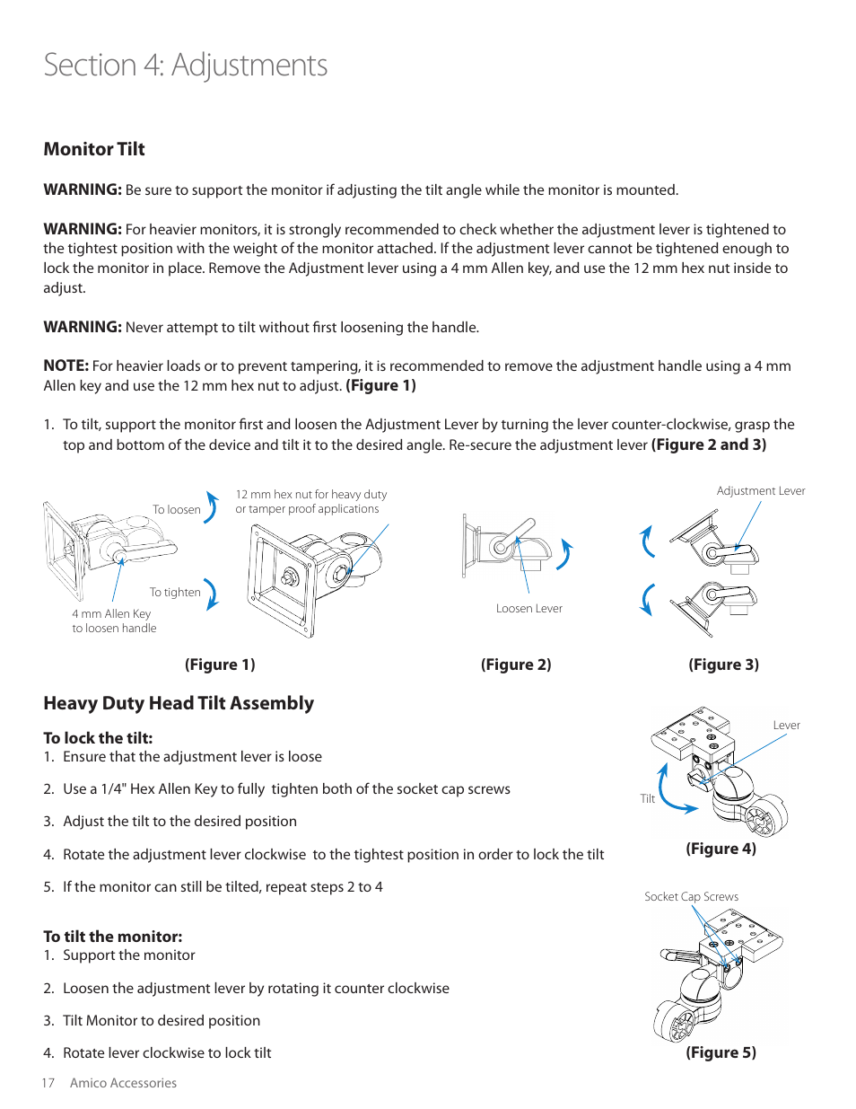 Monitor tilt, Heavy duty head tilt assembly, Warning | Figure 1), Figure 2 and 3) (figure 3), Figure 2), Figure 4), Figure 5), Re-secure the adjustment lever, 17 amico accessories | Amico AHM Monitor Arms (Adjustable Height) User Manual | Page 20 / 34