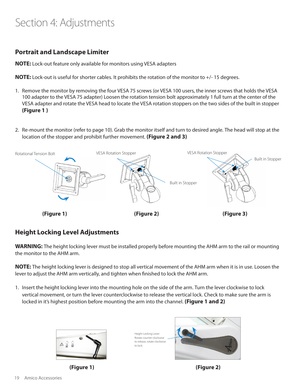 Portrait and landscape limiter, Height locking level adjustments | Amico AHM Monitor Arms (Adjustable Height) User Manual | Page 22 / 34