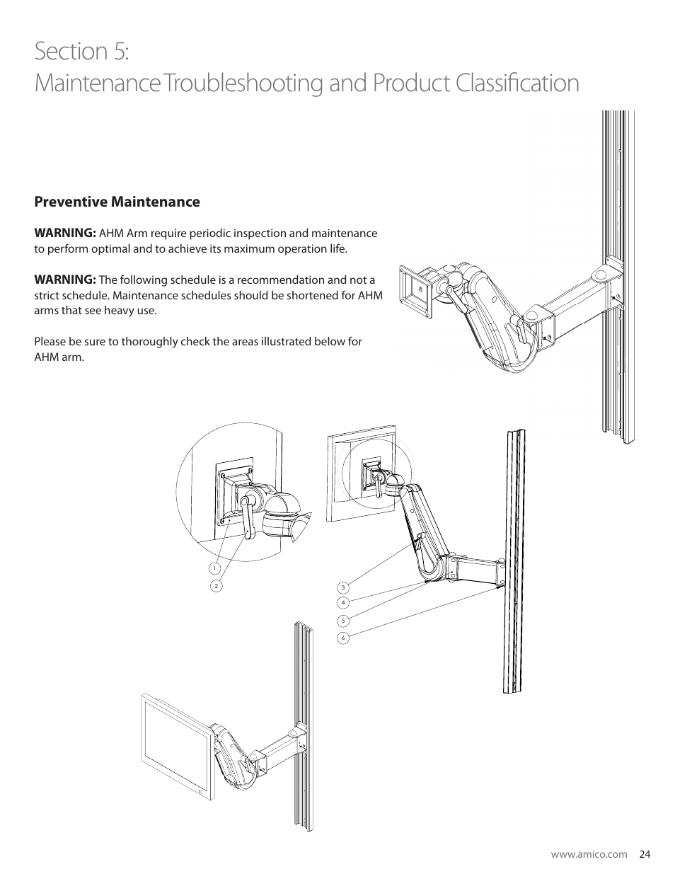 Troubleshooting and product classification, Preventive maintenance | Amico AHM Monitor Arms (Adjustable Height) User Manual | Page 27 / 34
