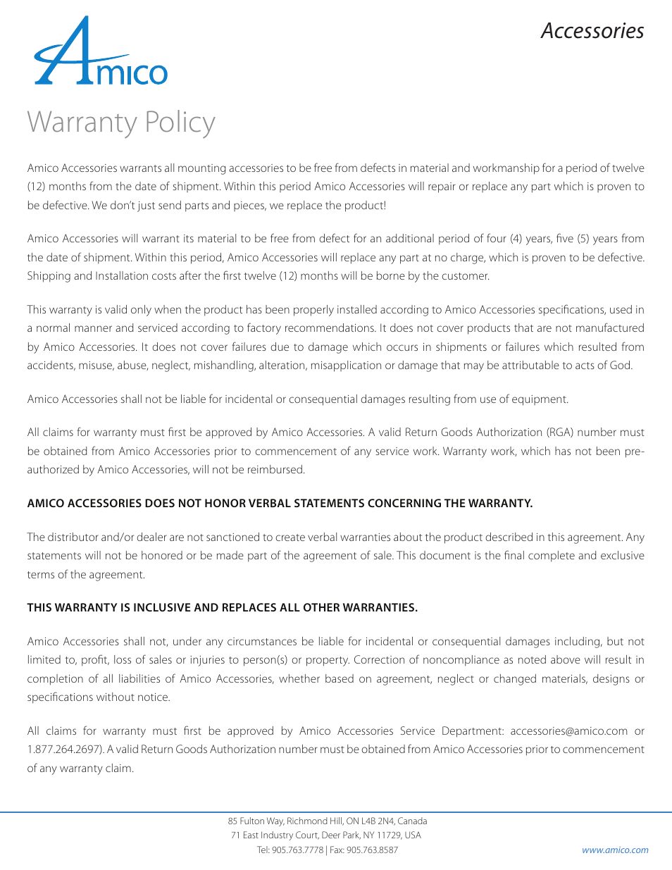 Warranty policy, Accessories | Amico AHM Monitor Arms (Adjustable Height) User Manual | Page 33 / 34