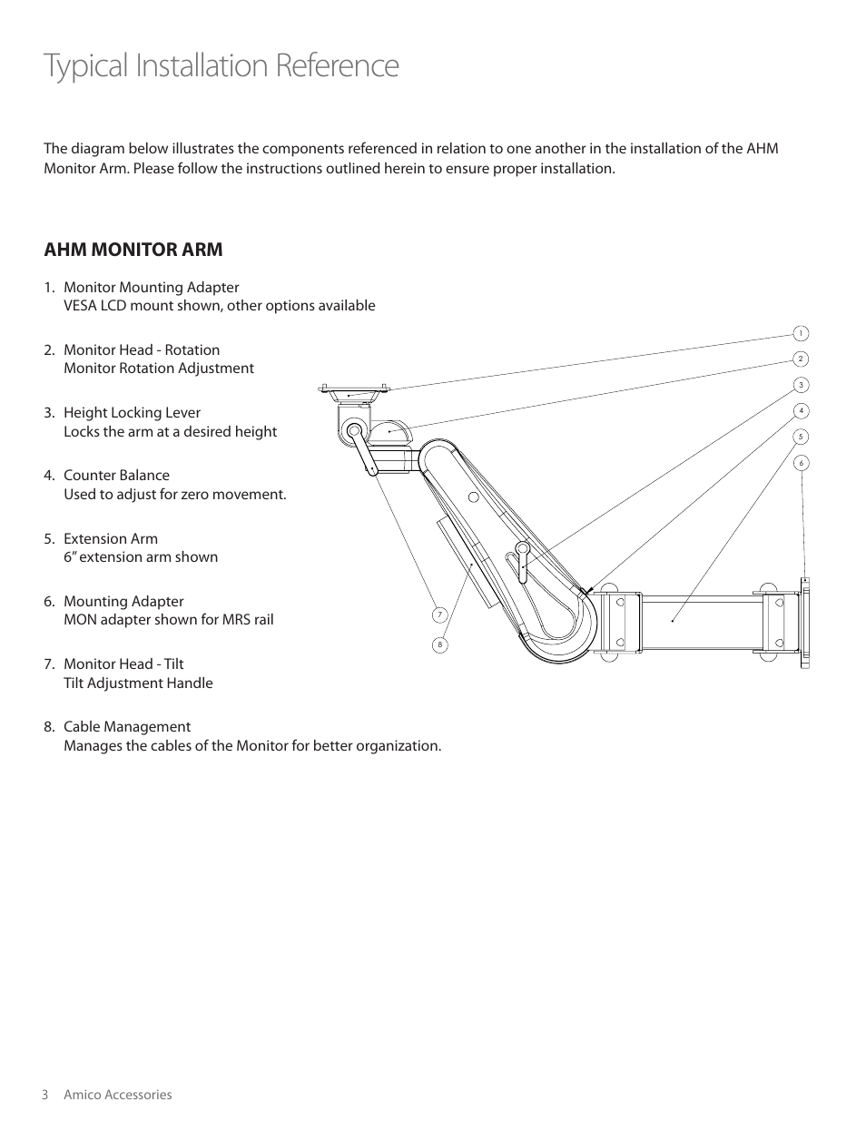 Ahm monitor arm, Typical installation reference, Monitor mounting adapter (pg. 12-18) | Monitor head - rotation (pg. 22), Height locking lever (pg. 25), Counter balance (pg. 27), Extension arm (pg. 26), Mounting adapter (pg. 6-10), Monitor head - tilt (pg. 21), Cable management (pg. 29) | Amico AHM Monitor Arms (Adjustable Height) User Manual | Page 6 / 34