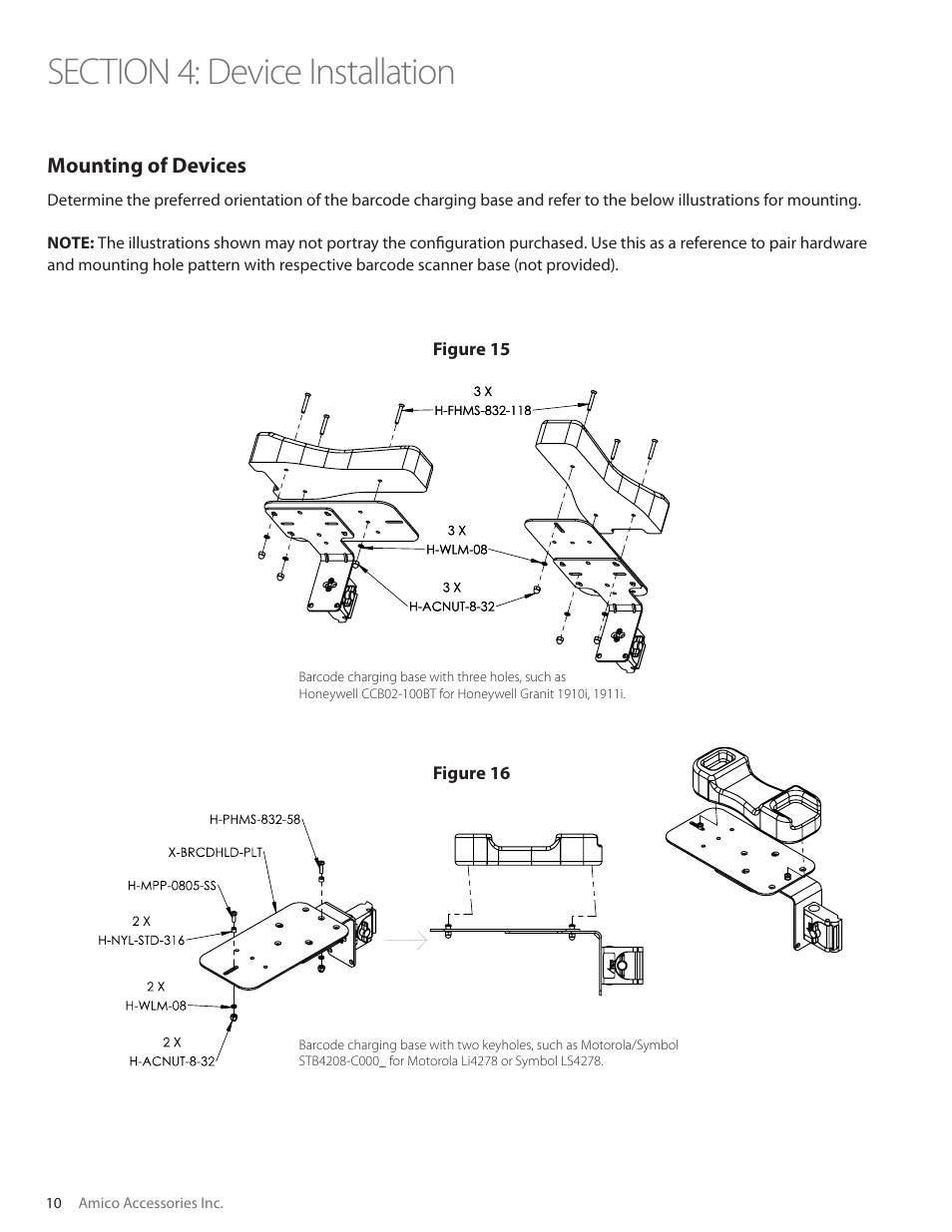 Mounting of devices, Figure 15 figure 16, 10 amico accessories inc | Amico Barcode Dock Mount User Manual | Page 10 / 15