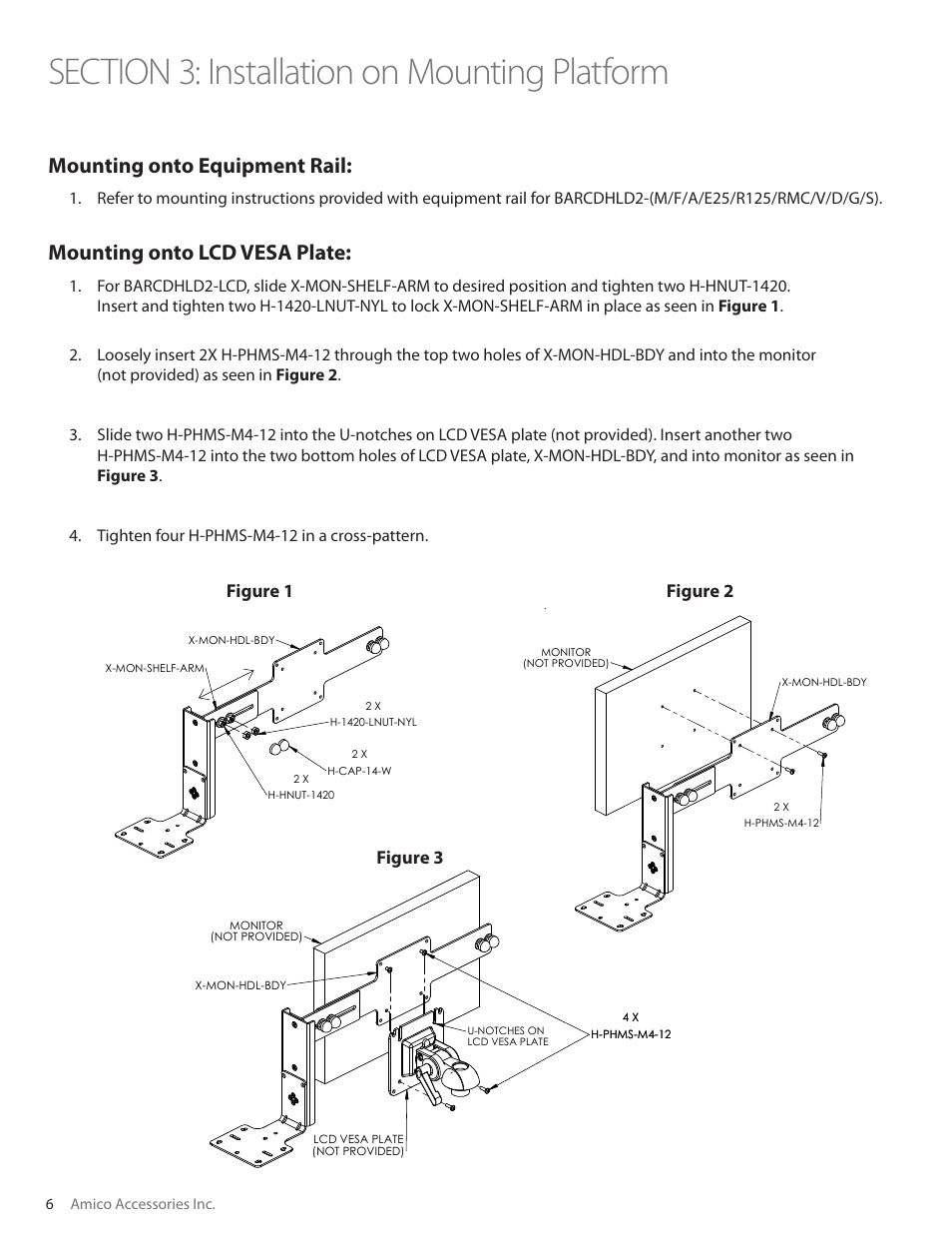 Mounting onto equipment rail, Mounting onto lcd vesa plate, Figure 3 | Figure 1, Figure 2, 6amico accessories inc | Amico Barcode Dock Mount User Manual | Page 6 / 15