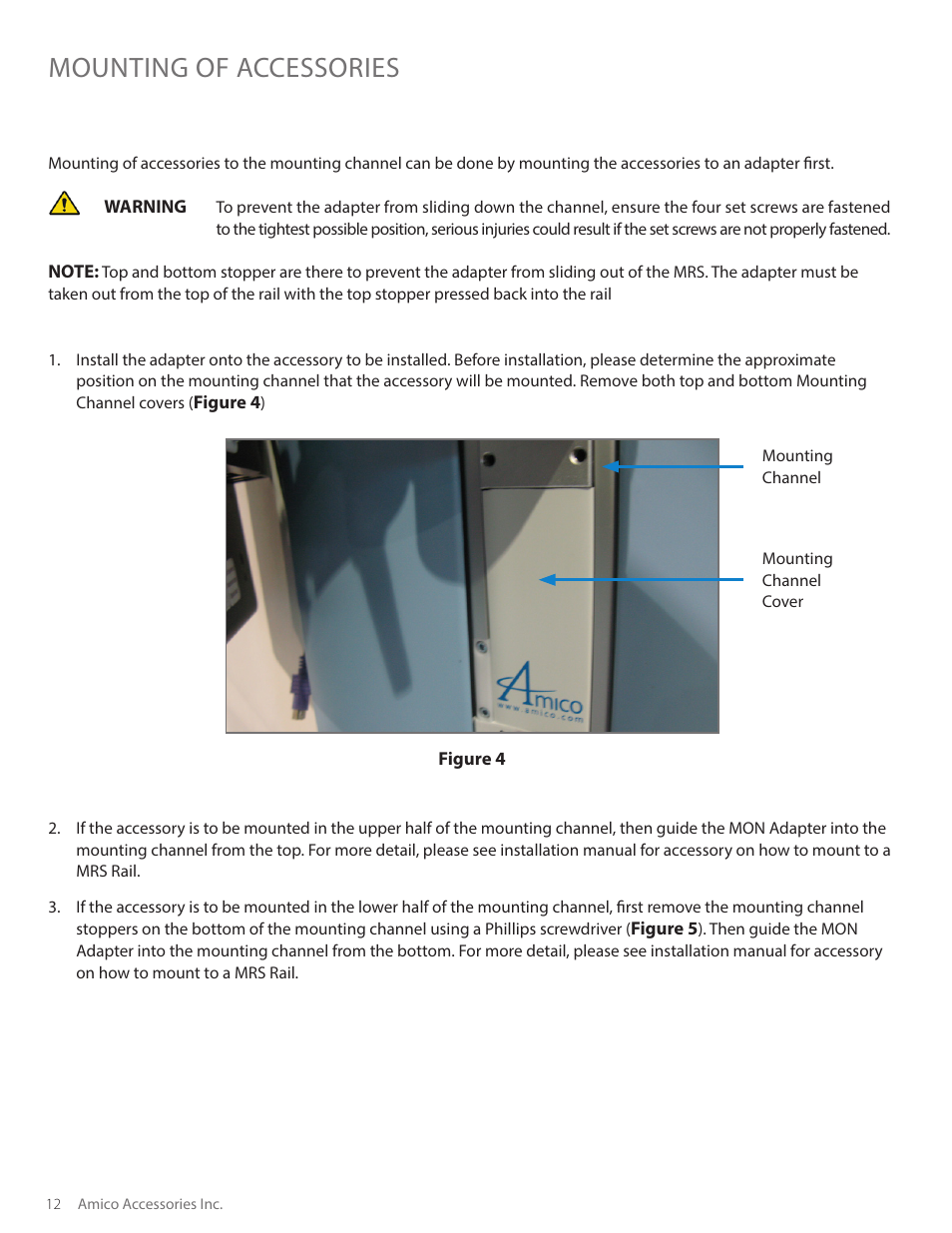 Mounting of accessories | Amico Condor Adjustable Height Channel User Manual | Page 12 / 20