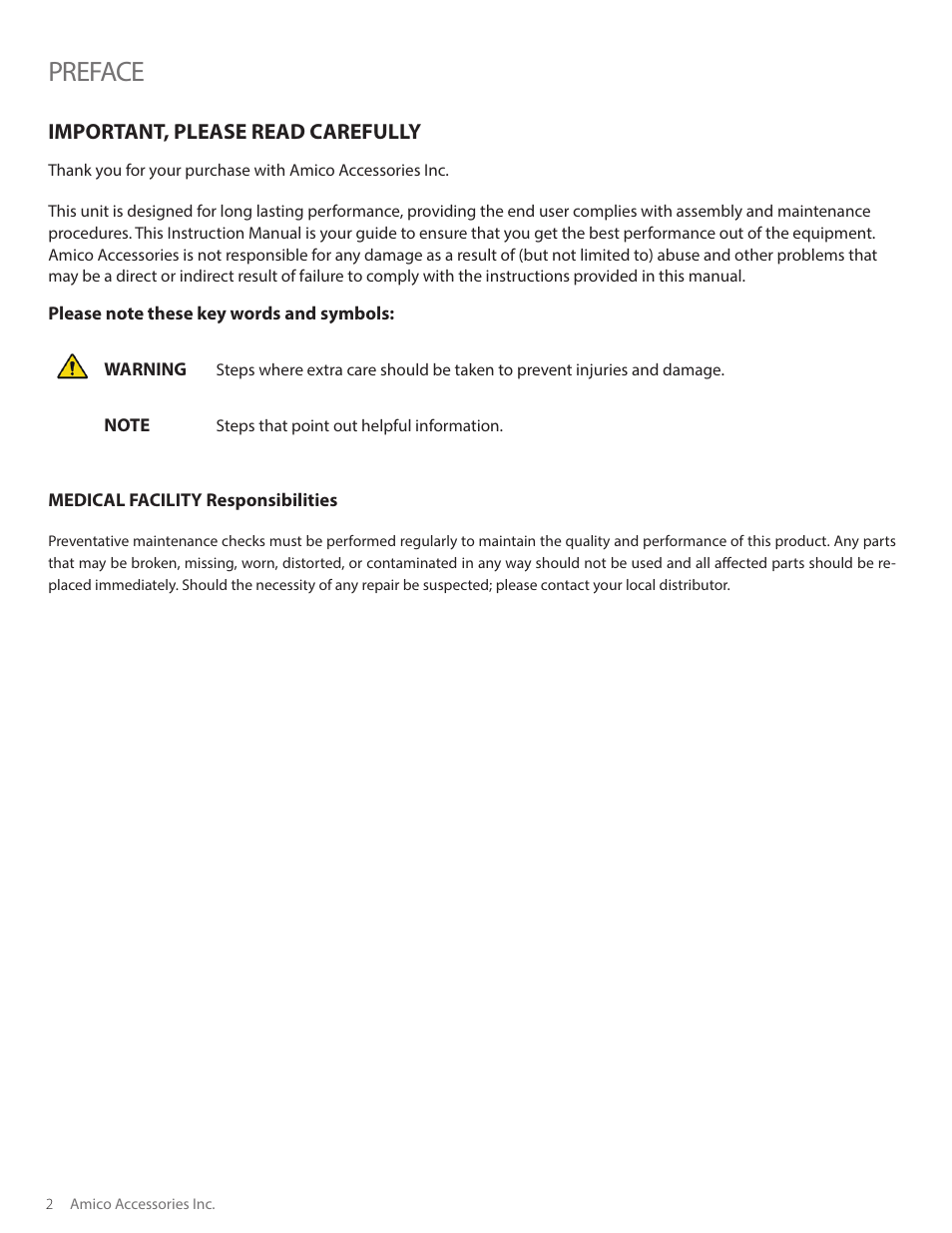 Preface | Amico Condor Adjustable Height Channel User Manual | Page 2 / 20
