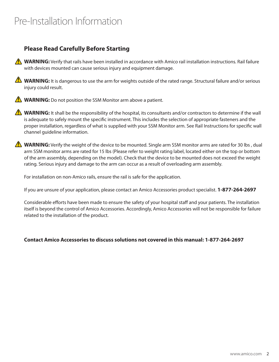 Pre-installation information | Amico SSM Monitor Arms (Side to Side) User Manual | Page 5 / 31