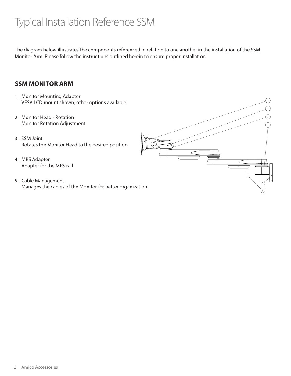Typical installation reference ssm, Ssm monitor arm | Amico SSM Monitor Arms (Side to Side) User Manual | Page 6 / 31