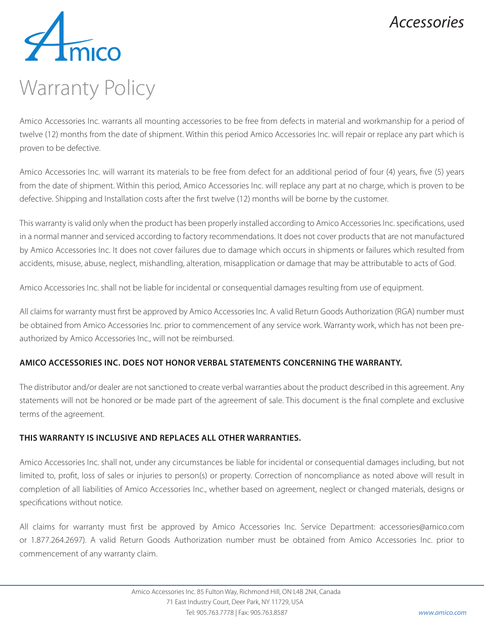 Warranty policy, Accessories | Amico Equipment Rails User Manual | Page 11 / 12