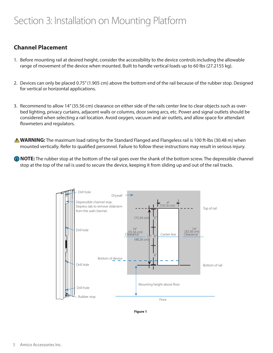 Channel placement, Warning | Amico Equipment Rails User Manual | Page 6 / 12