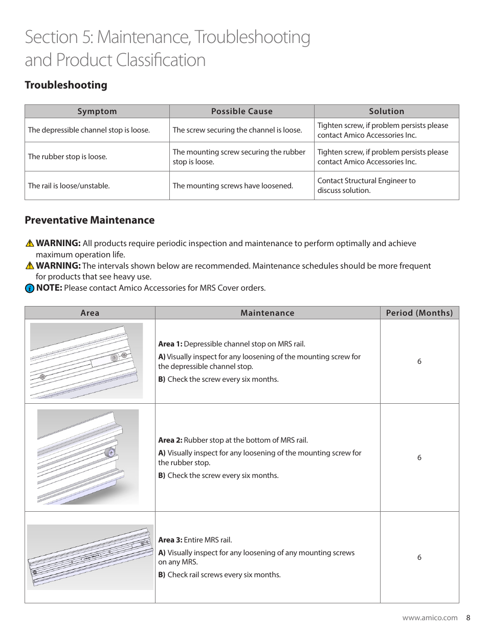 Troubleshooting preventative maintenance | Amico Equipment Rails User Manual | Page 9 / 12